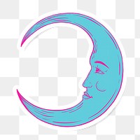 Teal green crescent moon face sticker overlay with a white border