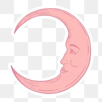 Pink crescent moon face sticker overlay with a white border design element