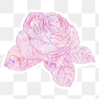 Pink holographic rose sticker overlay with a white border design element