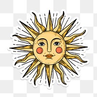 Yellow sun with a face sticker overlay with a white border