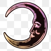 Neon crescent moon face sticker overlay with a white border