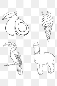 Png animal and food sticker set black and white clipart 