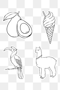 Png animal and food sticker set black and white clipart 