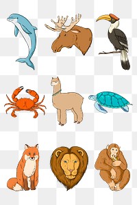 Png wildlife sticker set colorful illustration