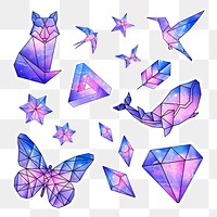Galaxy patterned pink and purple geometrical shaped objects and crystalized animals sticker set