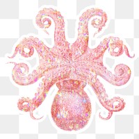 Pink holographic octopus sticker with a white border