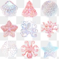 Set of holographic marine life sticker overlay design element