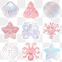 Set of holographic marine life sticker overlay design element