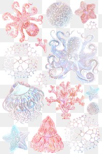 Set of holographic marine life sticker overlay design element