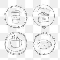 Cute coffee doodle badge design element set
