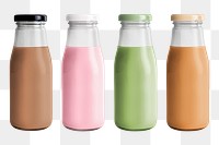 Milk tea in glass bottles mockup set 