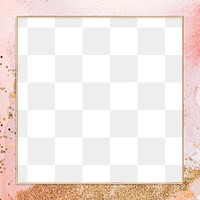 Gold square frame on pink watercolor background design element