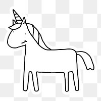 Black and white unicorn doodle sticker with a white border design element