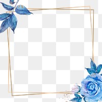 Blue flower and gold frame png in watercolor