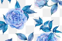 Blue floral watercolor rose png pattern