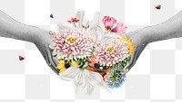 Hand holding flowers png mixed media vintage illustration