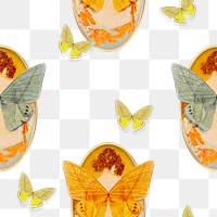 Butterfly woman seamless pattern png background vintage mixed media