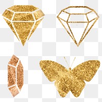 Png golden diamond and butterfly sign set