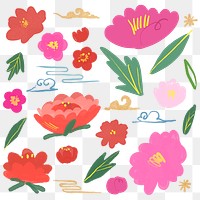 Hand drawn oriental flower png botanical set