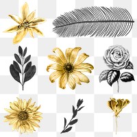Png metallic flower leaf gold sticker collection