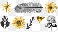 Vintage png leaf and flowers golden black sticker collection