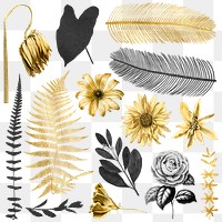 Png golden black flowers leaf vintage metallic sticker collection