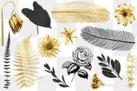 Vintage black gold leaf flower png illustration sticker collection
