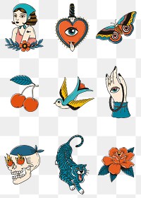 Retro creative tattoo design png set