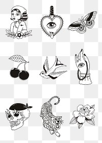 Vintage black & white tattoo design png set