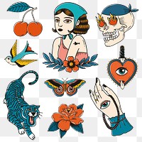 Retro creative tattoo design png set