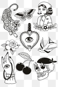 Vintage black & white tattoo design png set