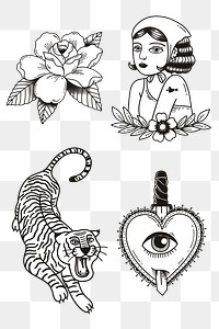 Vintage black&white tattoo design png set