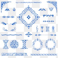 Vintage blue ornamental element png set, remix from The Model Book of Calligraphy Joris Hoefnagel and Georg Bocskay