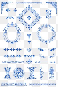 Blue vintage png ornamental element set, remix from The Model Book of Calligraphy Joris Hoefnagel and Georg Bocskay
