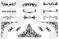 Black png vintage divider flourish ornamental element set, remix from The Model Book of Calligraphy Joris Hoefnagel and Georg Bocskay