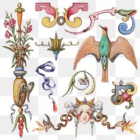 Victorian element decorative style png set, remix from The Model Book of Calligraphy Joris Hoefnagel and Georg Bocskay