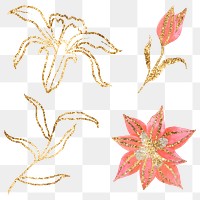 Png glittery gold flower sticker set