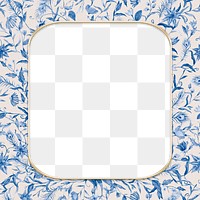 Png floral frame in blue watercolor bone China pattern with transparent background