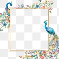 Png frame with watercolor flower and peacock pattern