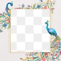 Png frame with watercolor flower and peacock pattern