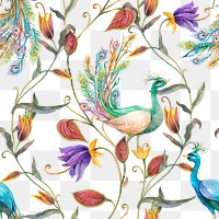 Png seamless pattern with peacock and flowers on transparent background