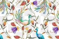 Png pattern with peacock and flowers on transparent background