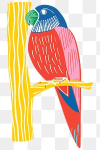 Vintage parrot png sticker colorful bird linocut clipart