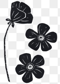 Vintage blooming flower png sticker black linocut clipart