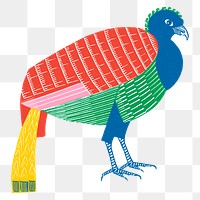 Vintage colorful bird png sticker linocut clipart