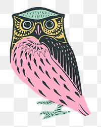 Vintage colorful owl png sticker linocut style illustration