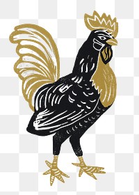 Gold black rooster png animal sticker vintage drawing