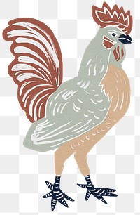 Vintage rooster png bird sticker linocut drawing