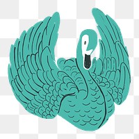 Turquoise swan png sticker bird vintage linocut