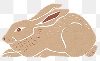 Beige rabbit png sticker vintage linocut illustration